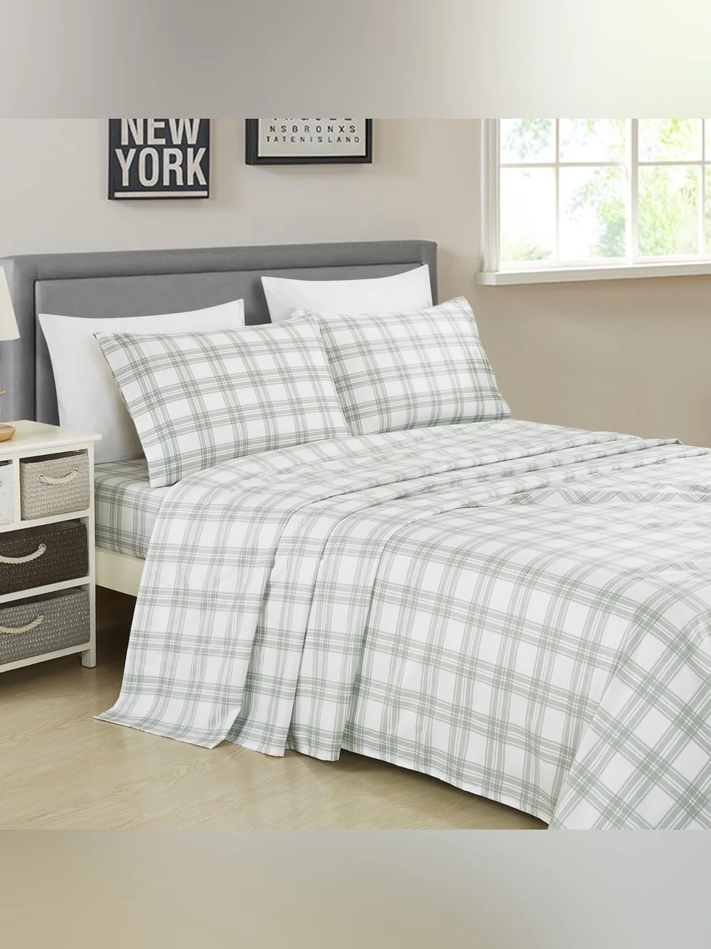 Plaid king 4 piece Sheet Set - White & Sage